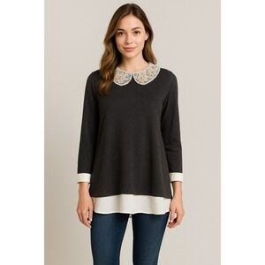 Le Lis Womens Knit Tunic Sweater Size XL Gray Ivory Beaded Scoop Neck 3/4 Sleeve